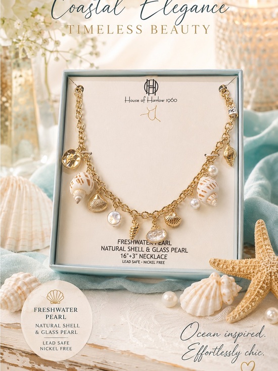 House of Harlow 1960 Jewelry - House of Harlow 1960 Gold Shell & Pearl Charm Necklace - Gold and White